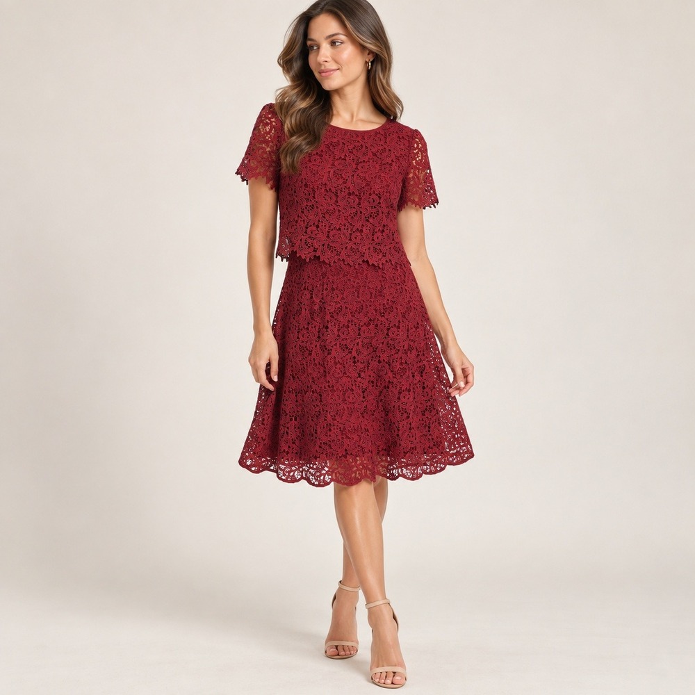 Shani Fit & Flare Lace Short Sleeve Layered Cocktail Dress Size 12 Wine Formal